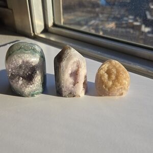Polished Crystal Lot Amethyst Druzy Geode, Golden Druzy & Quartz Tower – 14.1 oz